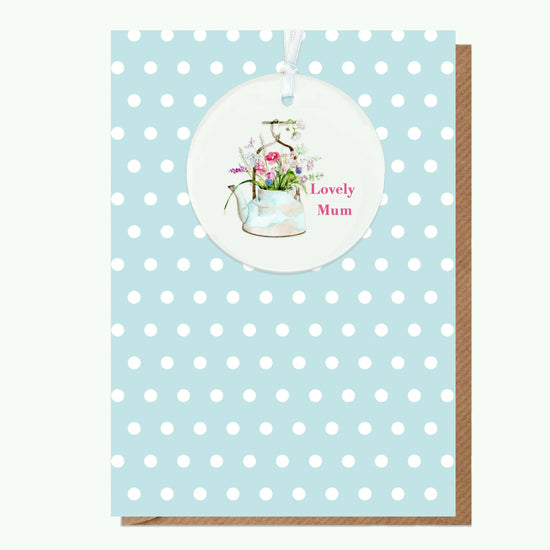 Ceramic Keepsake Hanging Decoration - A6 Greeting Card with Ceramic Keepsake - Kettle Lovely Mum - Crumble and Core