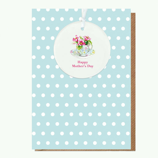Ceramic Keepsake Hanging Decoration - A6 Greeting Card with Ceramic Keepsake - Tea Cup Mother's Day - Crumble and Core
