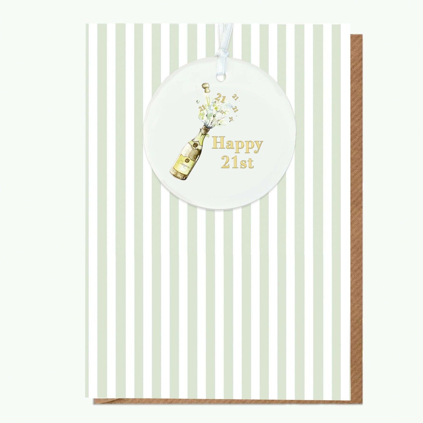 Ceramic Keepsake Hanging Decoration - A6 Birthday Greeting Card with Ceramic Keepsake - Champagne 21st Birthday Card - Crumble and Core