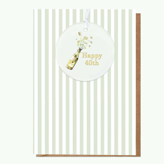 Ceramic Keepsake Hanging Decoration - A6 Birthday Greeting Card with Ceramic Keepsake - Champagne 40th Birthday Card - Crumble and Core