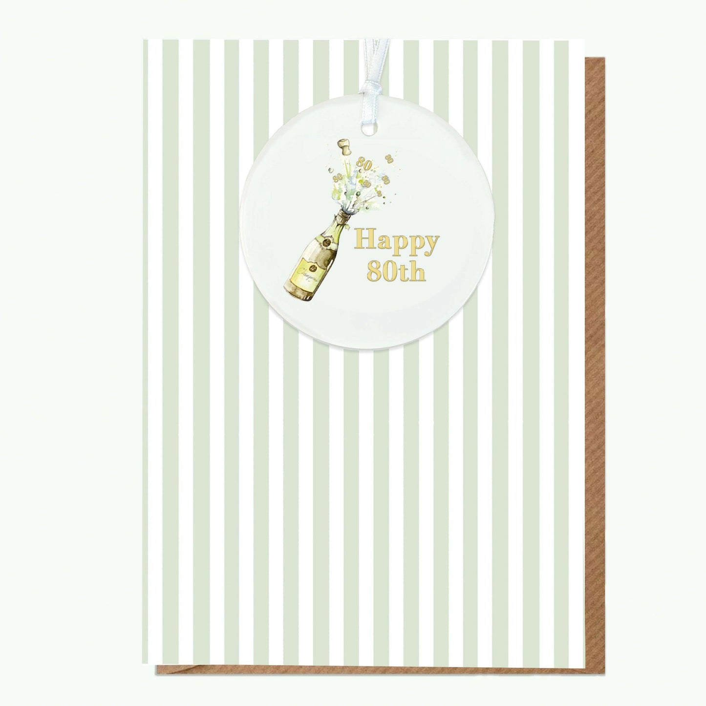 Ceramic Keepsake Hanging Decoration - A6 Birthday Greeting Card with Ceramic Keepsake - Champagne 80th Birthday Card - Crumble and Core