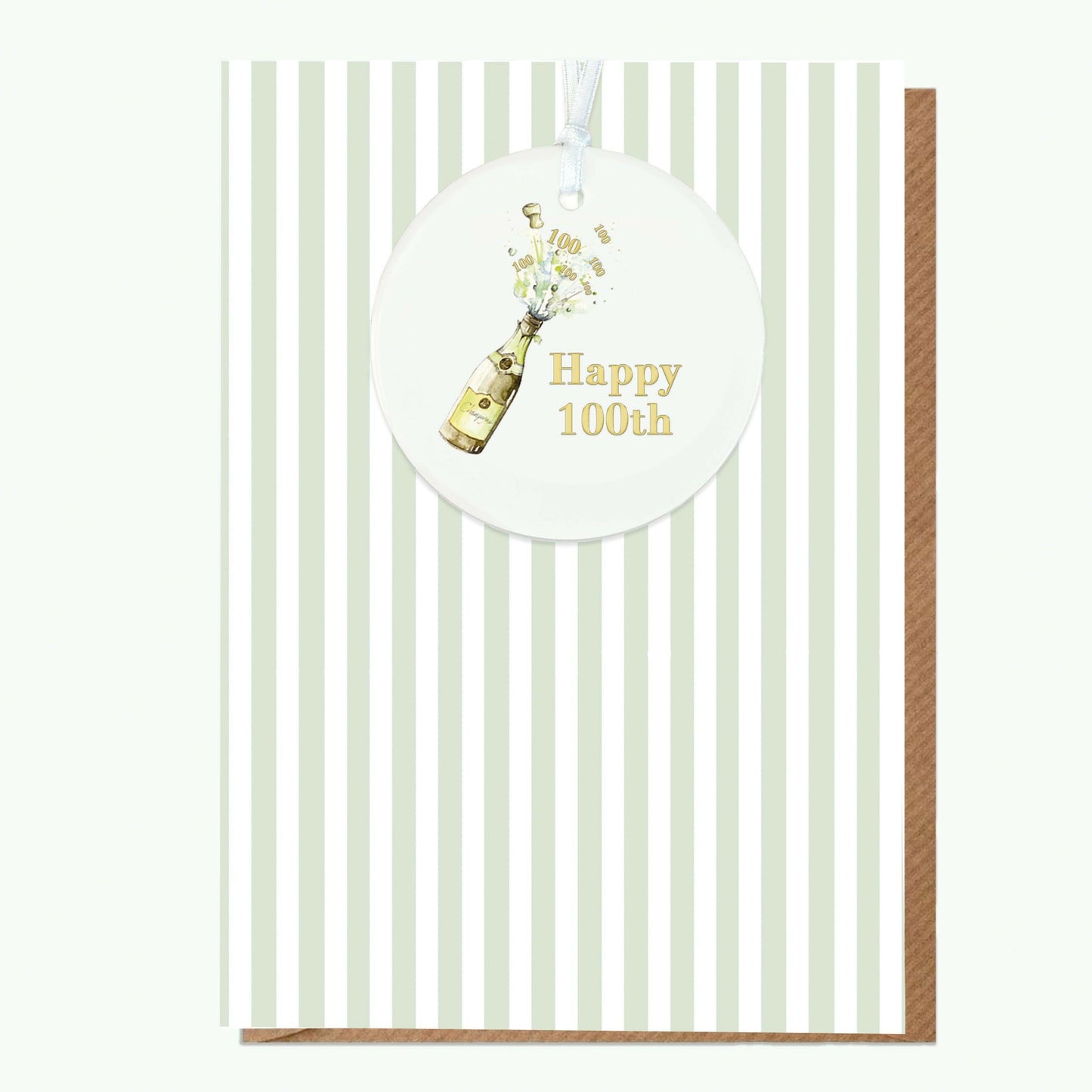 Ceramic Keepsake Hanging Decoration - A6 Birthday Greeting Card with Ceramic Keepsake - Champagne 100th Birthday Card - Crumble and Core