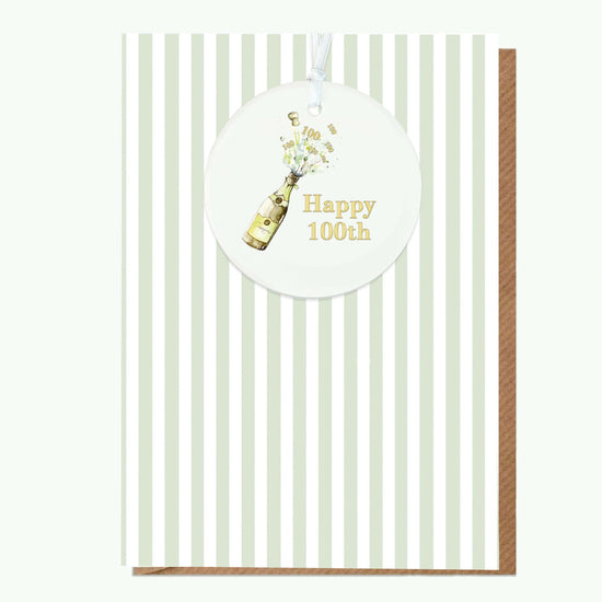 Ceramic Keepsake Hanging Decoration - A6 Birthday Greeting Card with Ceramic Keepsake - Champagne 100th Birthday Card - Crumble and Core
