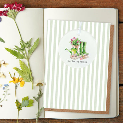Ceramic Keepsake Hanging Decoration - A6 Greeting Card with Ceramic Keepsake - Gardening Queen - Crumble and Core