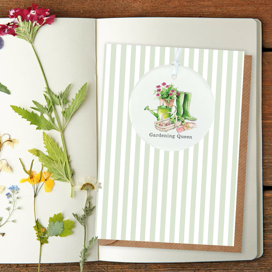 Ceramic Keepsake Hanging Decoration - A6 Greeting Card with Ceramic Keepsake - Gardening Queen - Crumble and Core