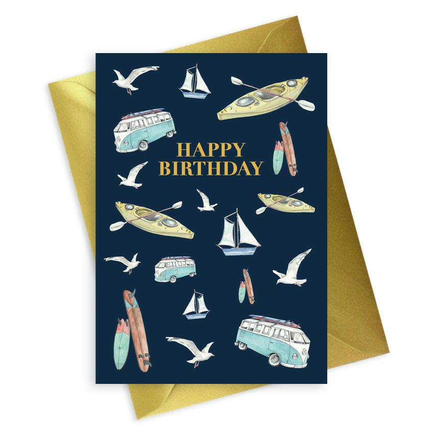 Seaside Happy Birthday A6 Foiled Greeting Card from the Navy Collection for Men - Crumble and Core
