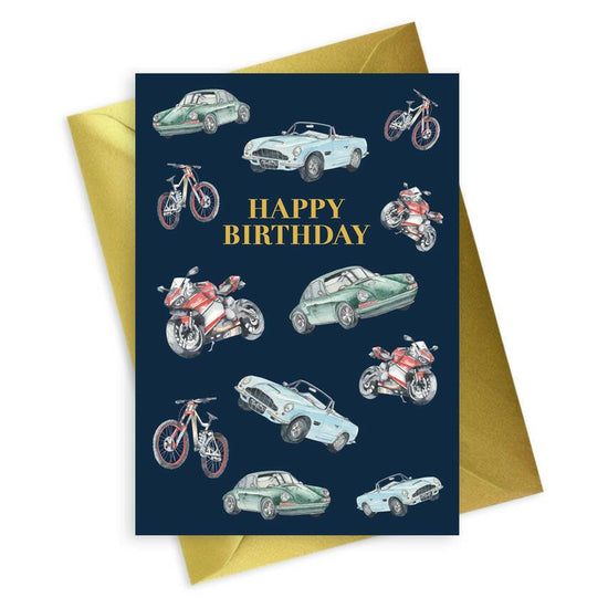 Navy Collection A6 Foiled Greeting Card for Happy Birthday - Mens Cars Design - Crumble and Core