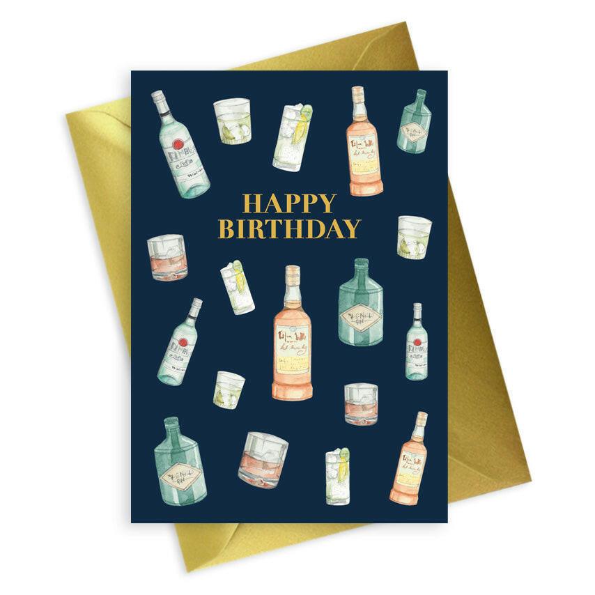 Mens Navy Collection A6 Foiled Greeting Card Happy Birthday Drinks Design - Crumble and Core
