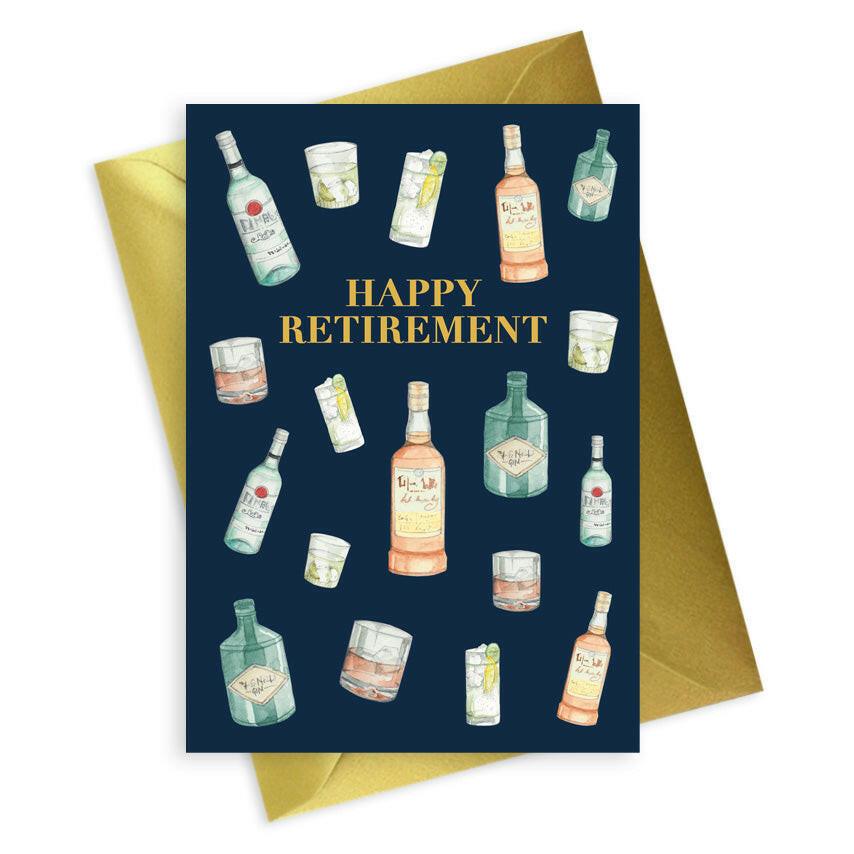 Navy Mens A6 Foiled Greeting Card with Retirement Themed Drinks Design - Crumble and Core