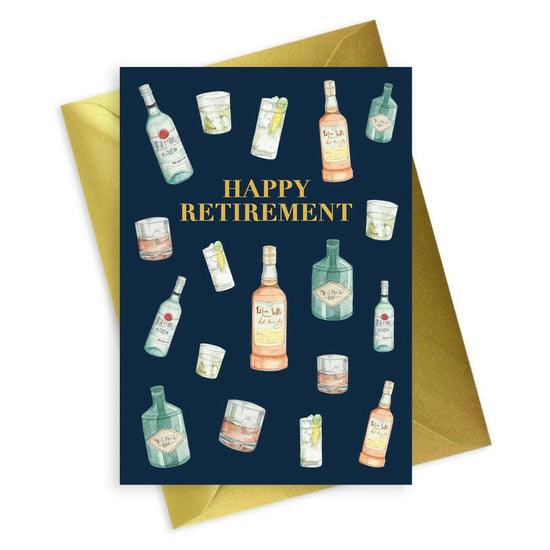 Navy Mens A6 Foiled Greeting Card with Retirement Themed Drinks Design - Crumble and Core