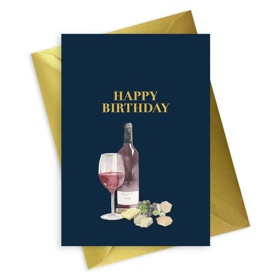 Mens A6 Foiled Greeting Card - Navy Collection Cheese and Wine Birthday - Crumble and Core