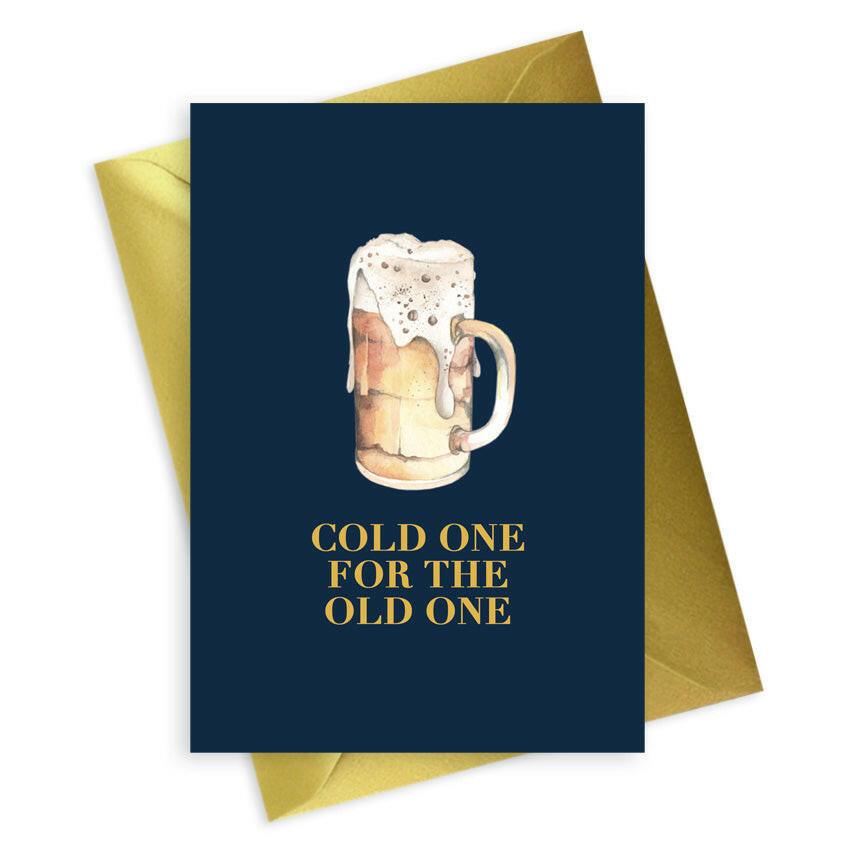 Funny Beer Card - Navy Collection A6 Foiled Greeting Card - Cold One For The Old One Mens Card - Crumble and Core