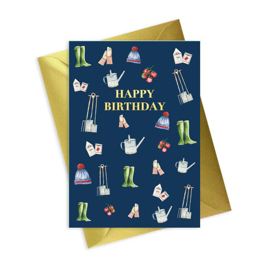 Mens Navy A6 Foiled Greeting Card - Gardening Happy Birthday Design - Crumble and Core