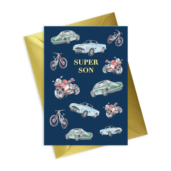 Premium Foiled Navy A6 Greeting Card for Men - Super Son Car Design - Crumble and Core