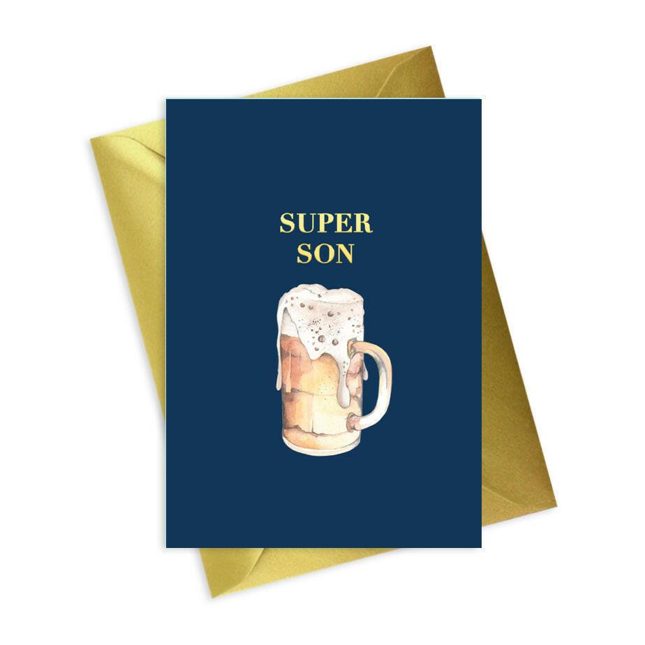 Navy Mens A6 Foiled Greeting Card - Beer Super Son - Crumble and Core