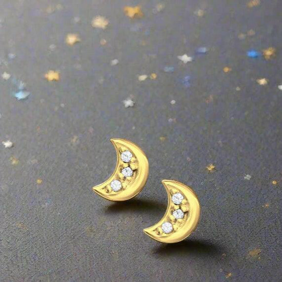 Gold Plated Moon Earrings – Sterling Silver Studs With Sparkly Cubic Zirconia - Crumble and Core
