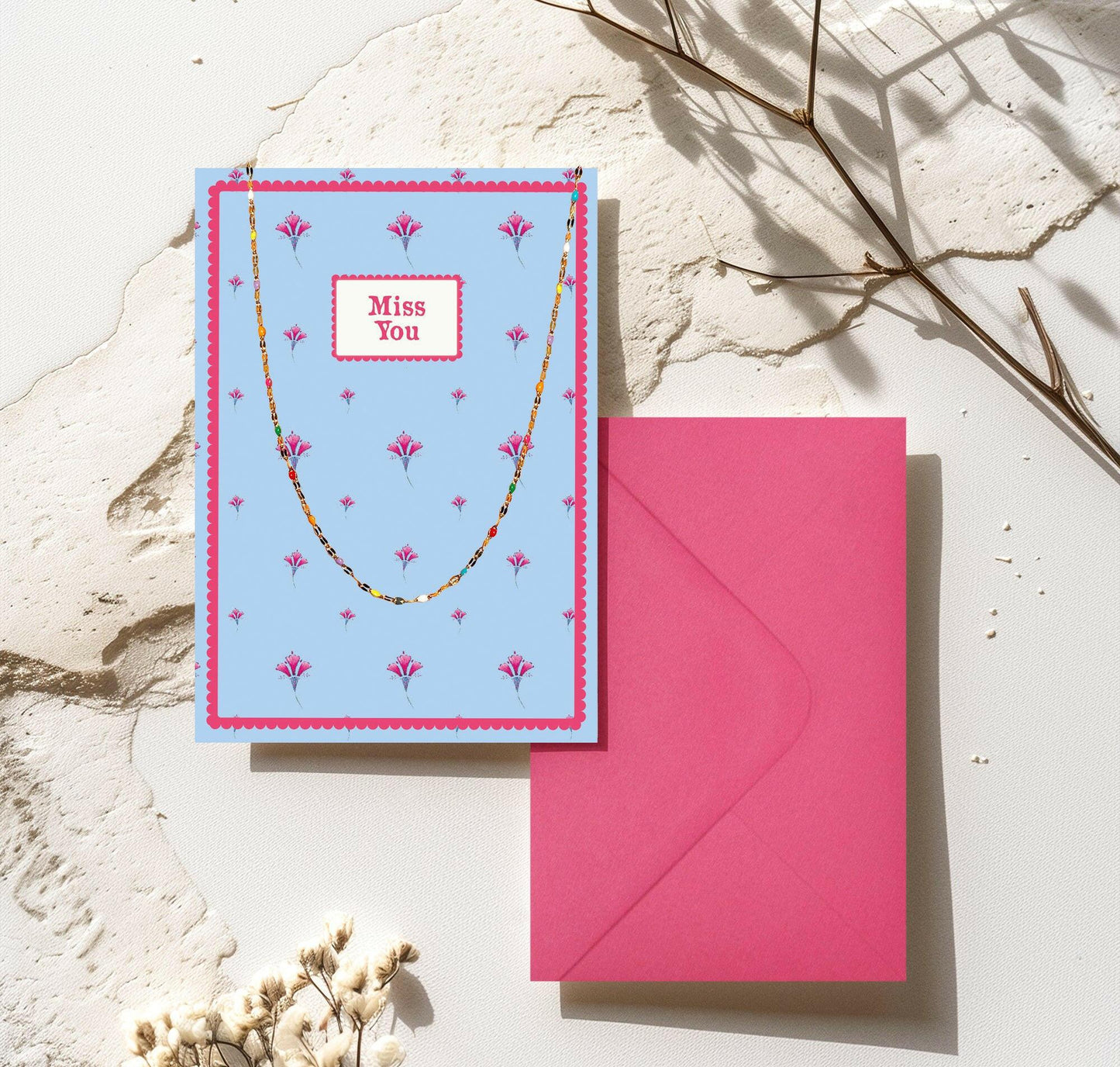 Gold Beaded Necklace and Miss You Card Gift Set - Crumble and Core