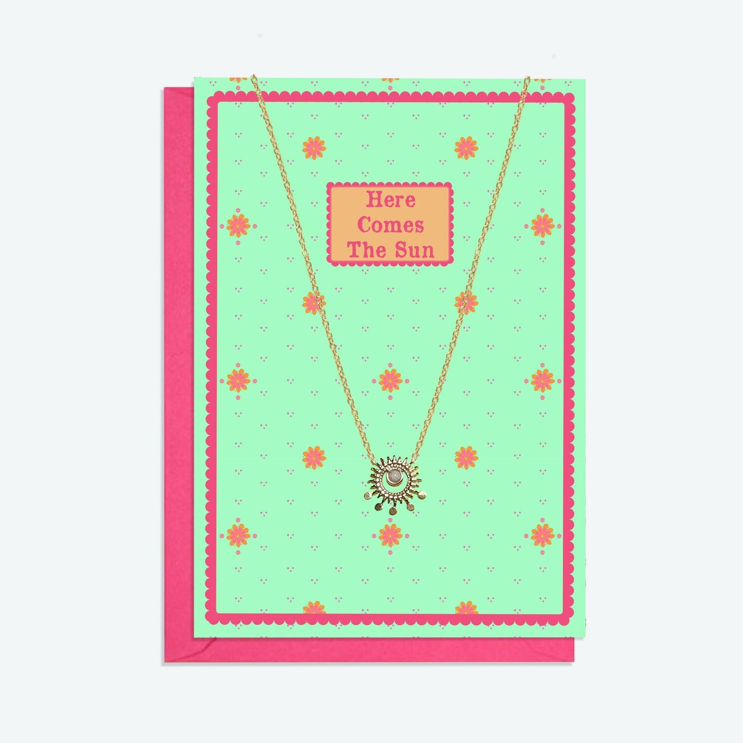 Gold and Stone Sun Pendant Necklace and Here Comes the Sun Card Gift Set - Crumble and Core