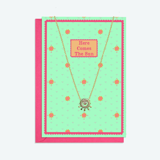 Gold and Stone Sun Pendant Necklace and Here Comes the Sun Card Gift Set - Crumble and Core