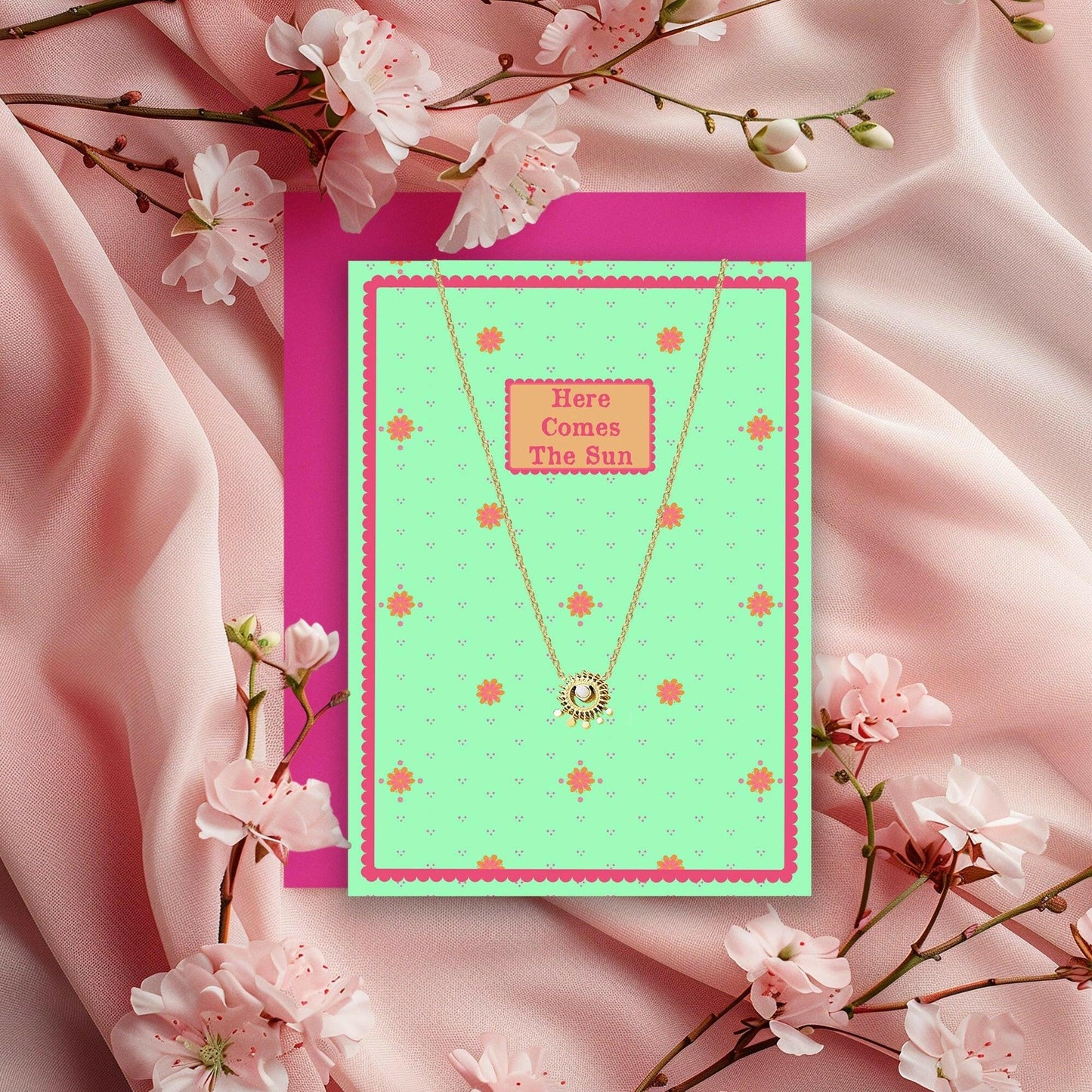 Gold and Stone Sun Pendant Necklace and Here Comes the Sun Card Gift Set - Crumble and Core