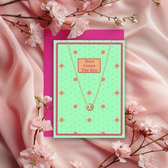 Gold and Stone Sun Pendant Necklace and Here Comes the Sun Card Gift Set - Crumble and Core