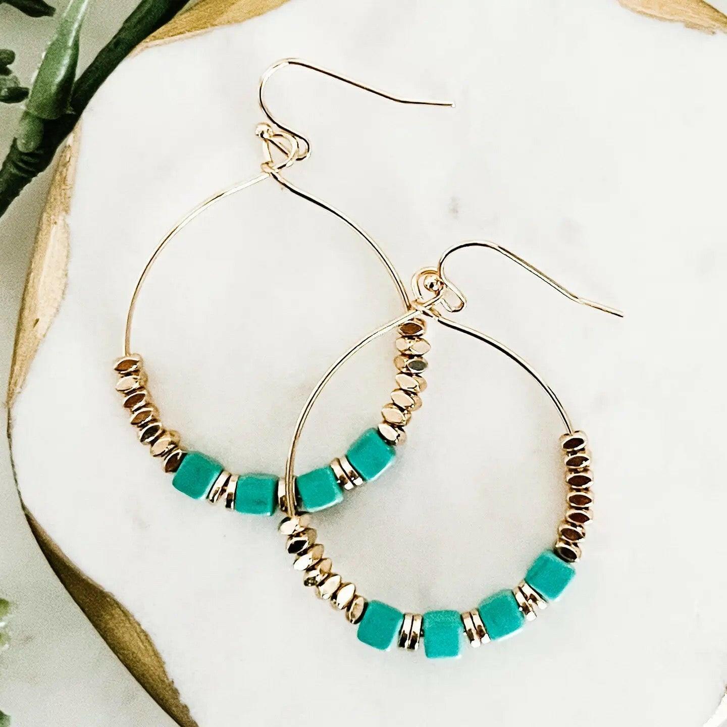 Gold Turquoise Beaded Hoop Dangle Earrings - Crumble and Core