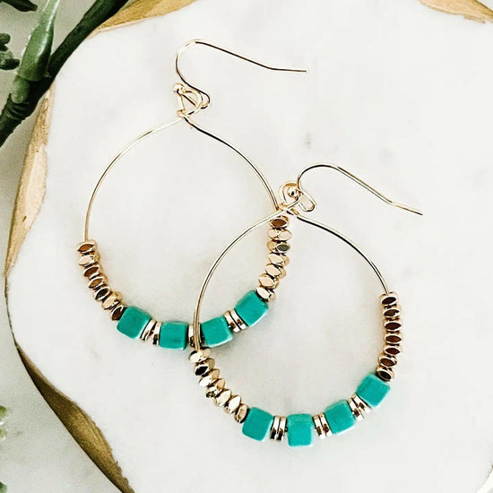 Gold Turquoise Beaded Hoop Dangle Earrings - Crumble and Core