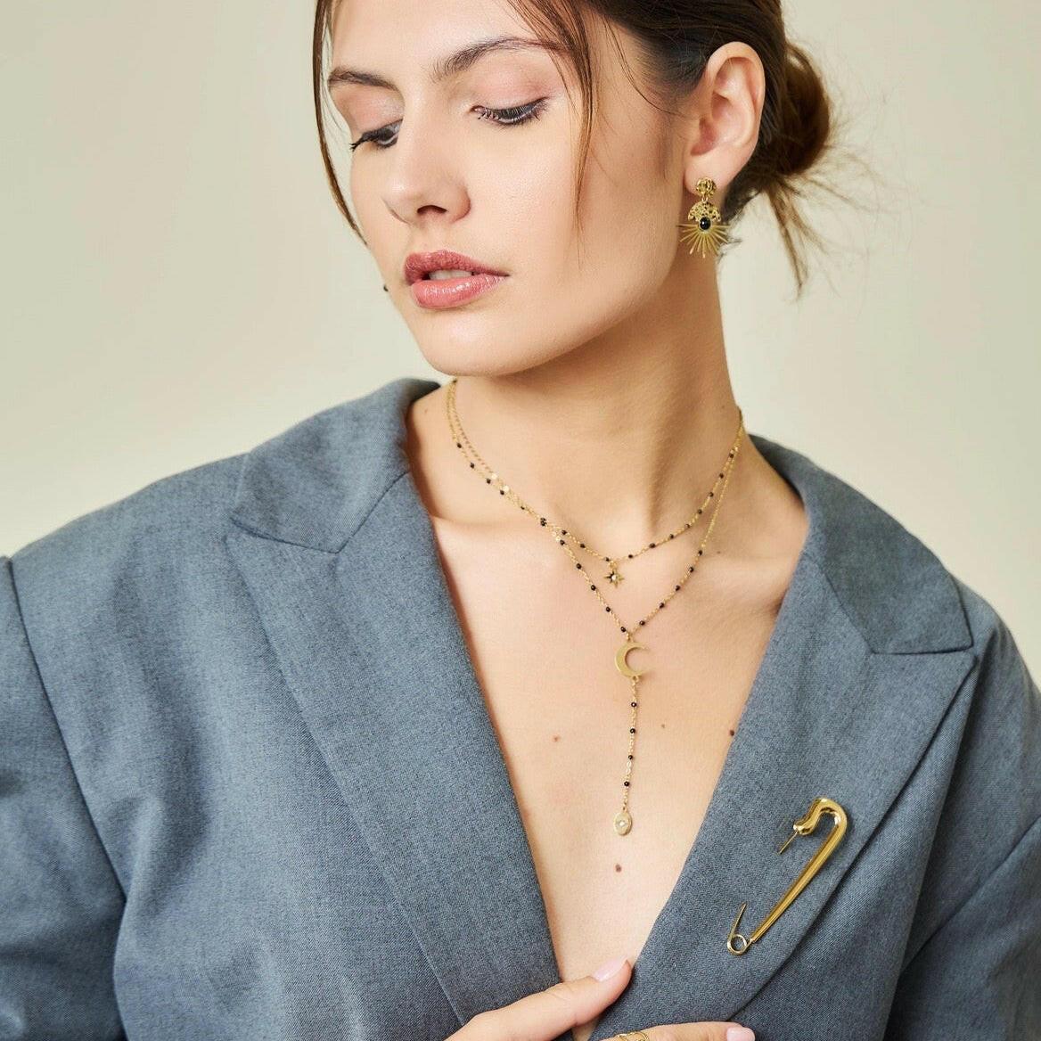 Gold and Black Beaded Star and Moon Double Layered Lariat Necklace - Crumble and Core
