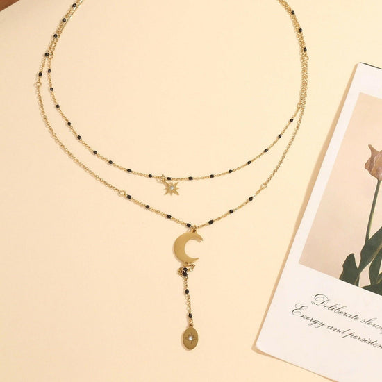 Gold and Black Beaded Star and Moon Double Layered Lariat Necklace - Crumble and Core