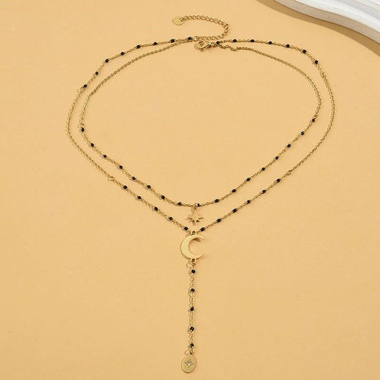 Gold and Black Beaded Star and Moon Double Layered Lariat Necklace - Crumble and Core