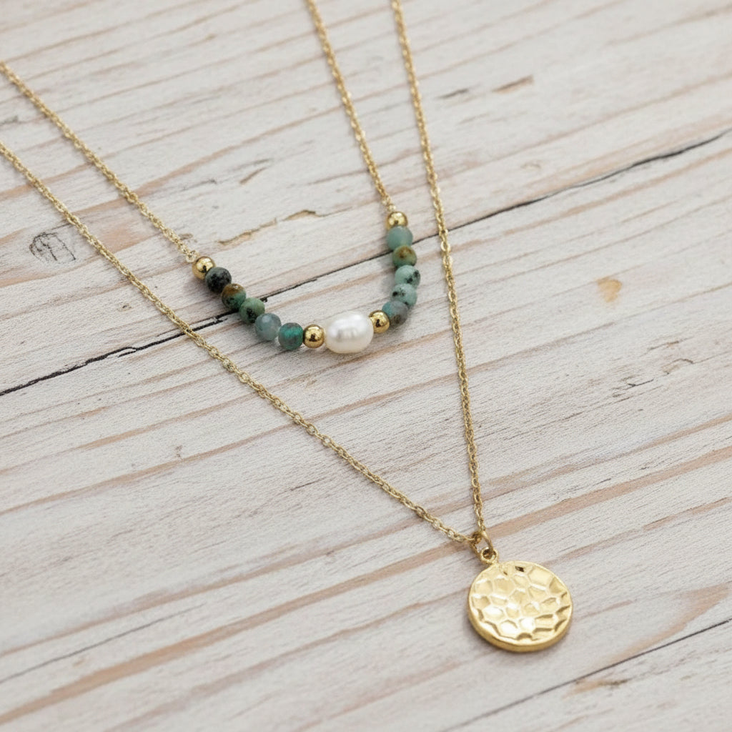 Gold Hammered and Beaded Double Chain Necklace - Crumble and Core