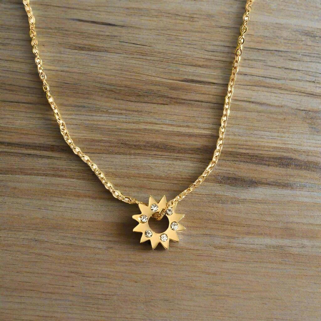 Gold Chain Necklace with Rhinestone Sun Pendant - Crumble and Core