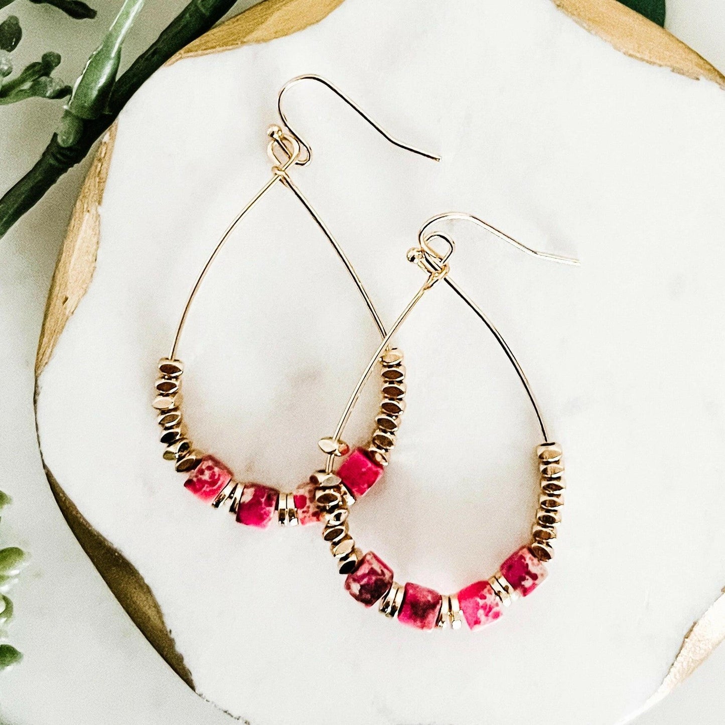 Gold Pink Beaded Hoop Dangle Earrings - Crumble and Core