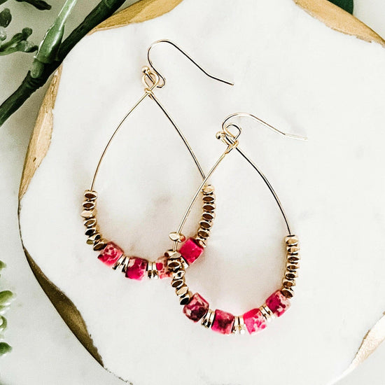 Gold Pink Beaded Hoop Dangle Earrings - Crumble and Core