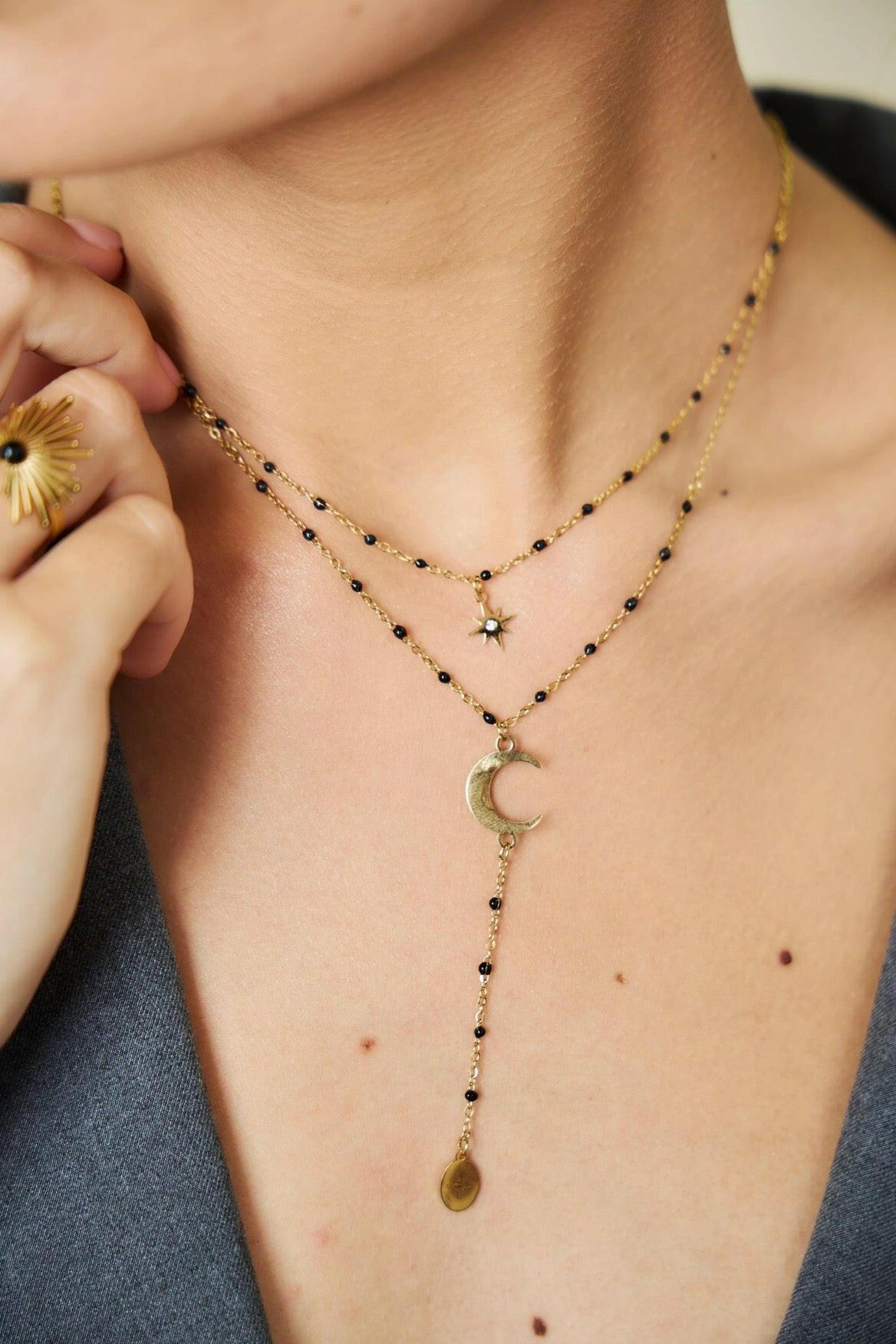 Gold and Black Beaded Star and Moon Double Layered Lariat Necklace - Crumble and Core