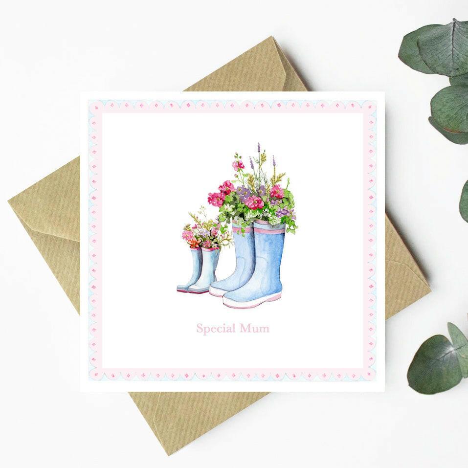 Special Mum Wellies with Flowers Greeting Card - A Design for Any Maternal Occasion or Mothers Day - Crumble and Core