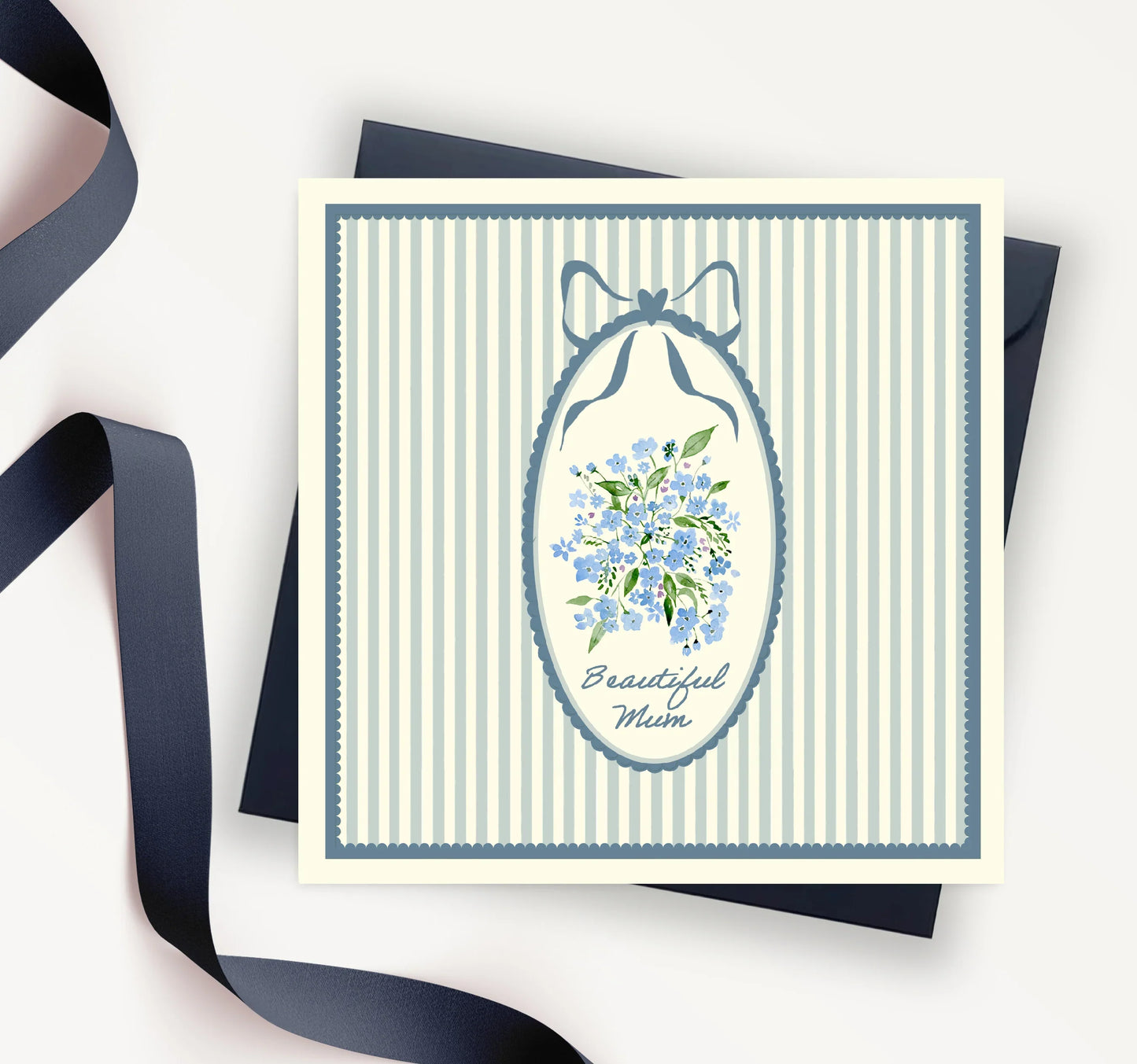 Mum Floral Scallop Greeting Card – Luxury Handmade Mum Card With Navy Envelope