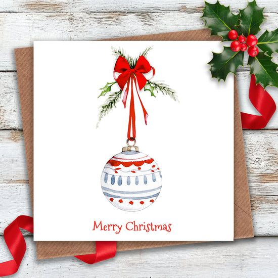 Christmas Bauble Greeting Card With Bow - Crumble and Core