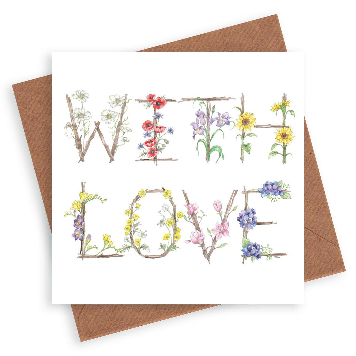Thank you Thinking of You Card - With Love Floral Letter Alphabet Design Card - Crumble and Core
