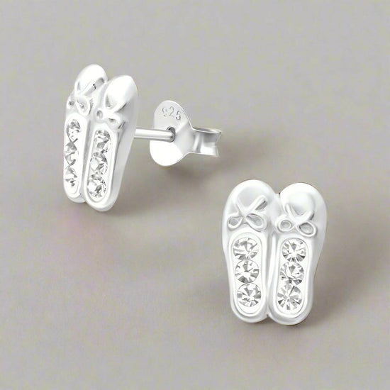 Sterling Silver Stud Earrings – Sparkling Crystal Ballet Shoe Design for Dancers - Crumble and Core