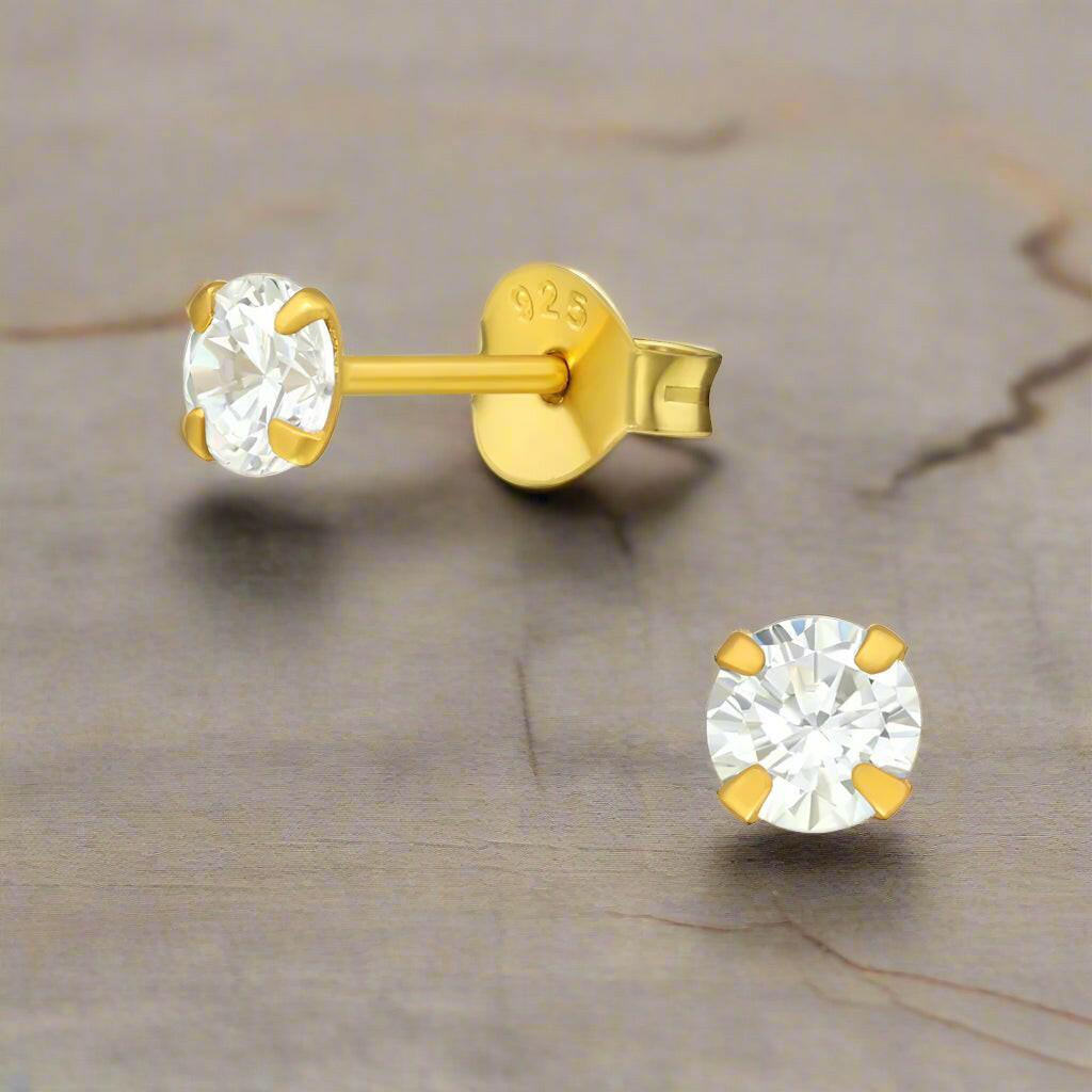 Gold Cubic Zirconia Earrings – Sterling Silver Studs | Claw Set Gemstone Jewelry - Crumble and Core