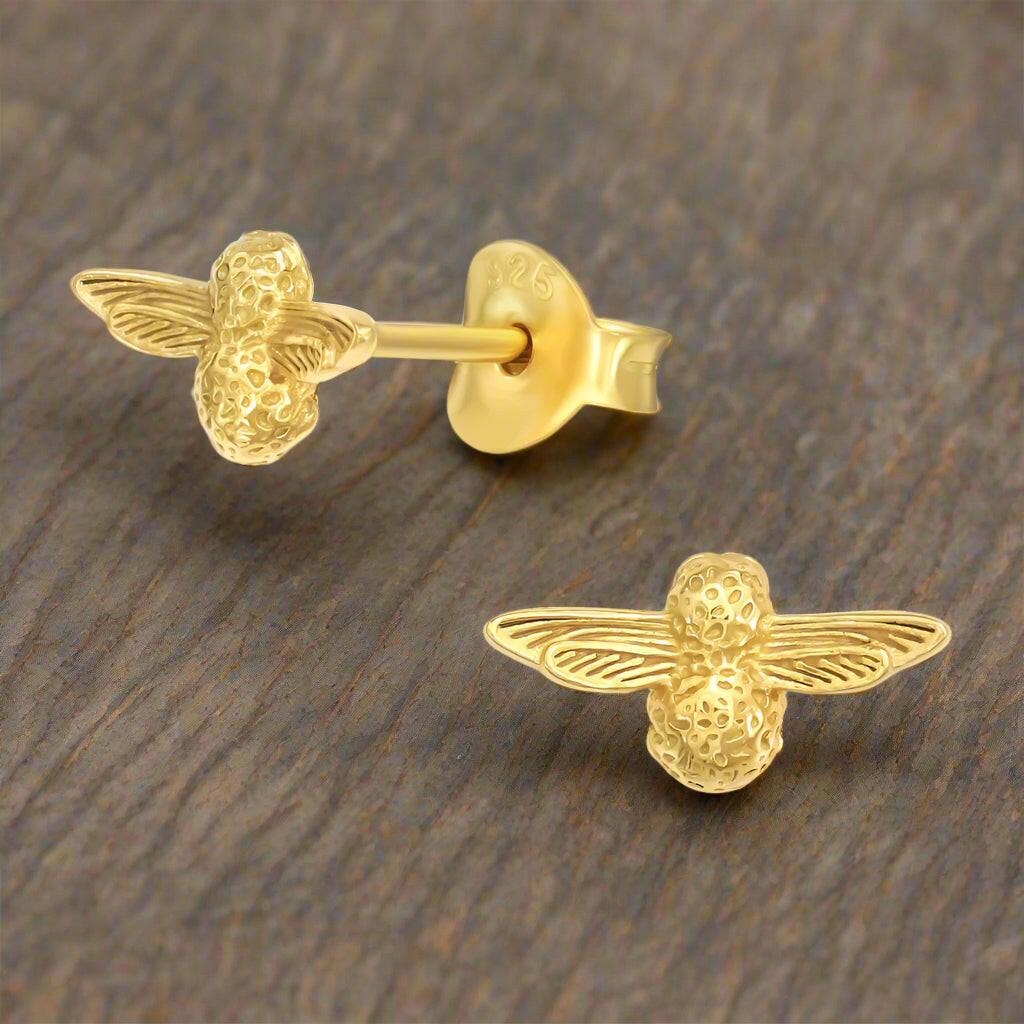 Gold Plated Bee Studs – Sterling Silver Earrings With Organza Gift Bag - Crumble and Core