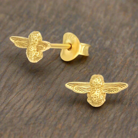 Gold Plated Bee Studs – Sterling Silver Earrings With Organza Gift Bag - Crumble and Core