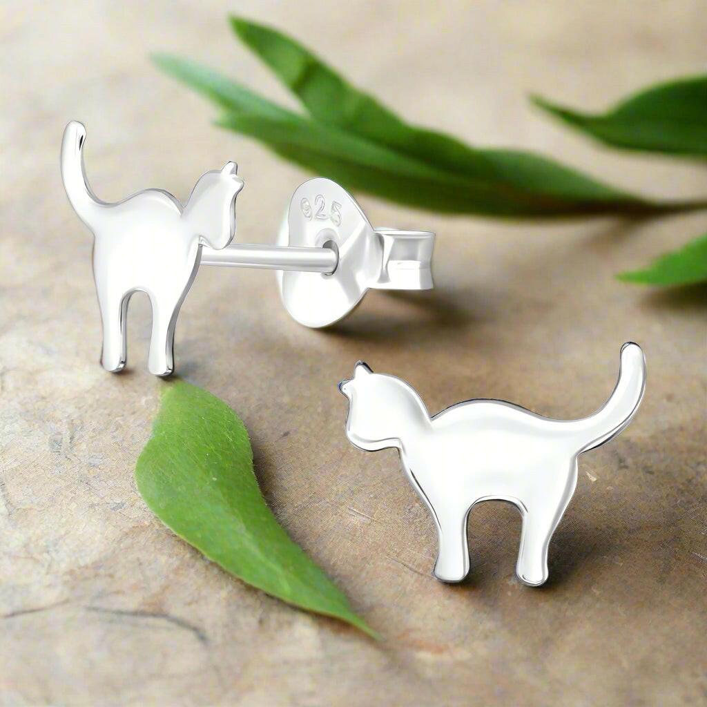 Silver Cat Stud Earrings – Hypoallergenic Lightweight Sterling Silver Studs - Crumble and Core