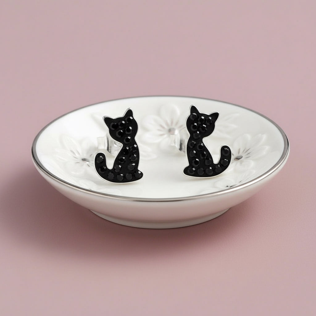 Crystal Silver Cat Earrings – Hypoallergenic Sterling Silver Studs | Lightweight Nickel-Free - Crumble and Core