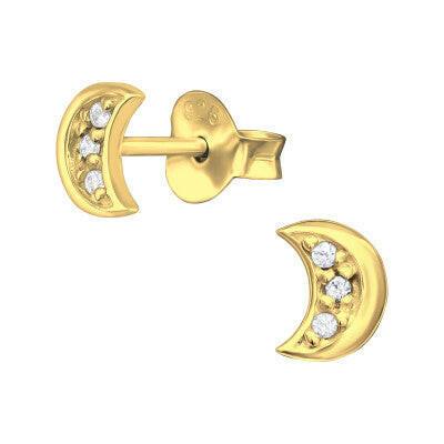 Gold Plated Moon Earrings – Sterling Silver Studs With Sparkly Cubic Zirconia - Crumble and Core