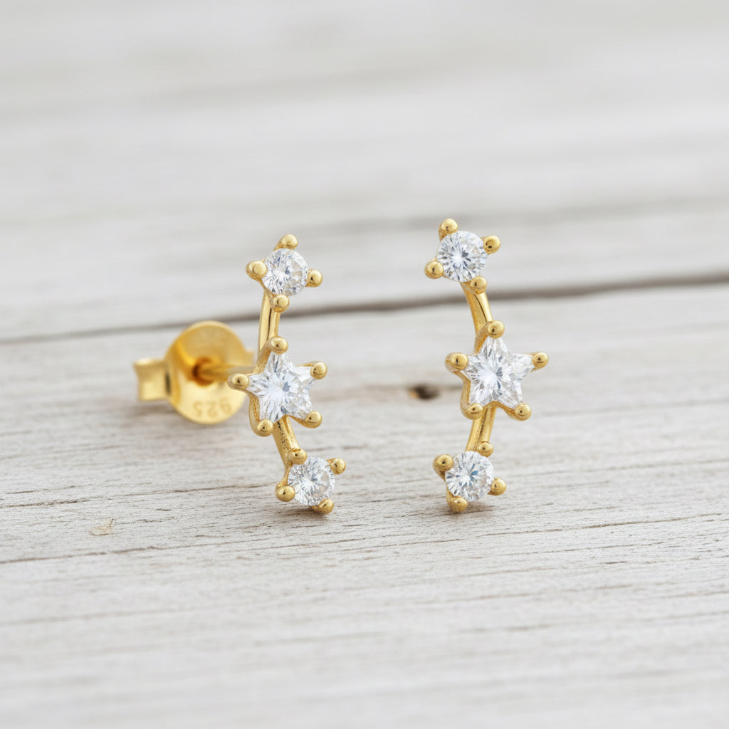 Gold Plated Earrings – 24K Crystal Crawler Studs | Sterling Silver Sparkle Studs - Crumble and Core