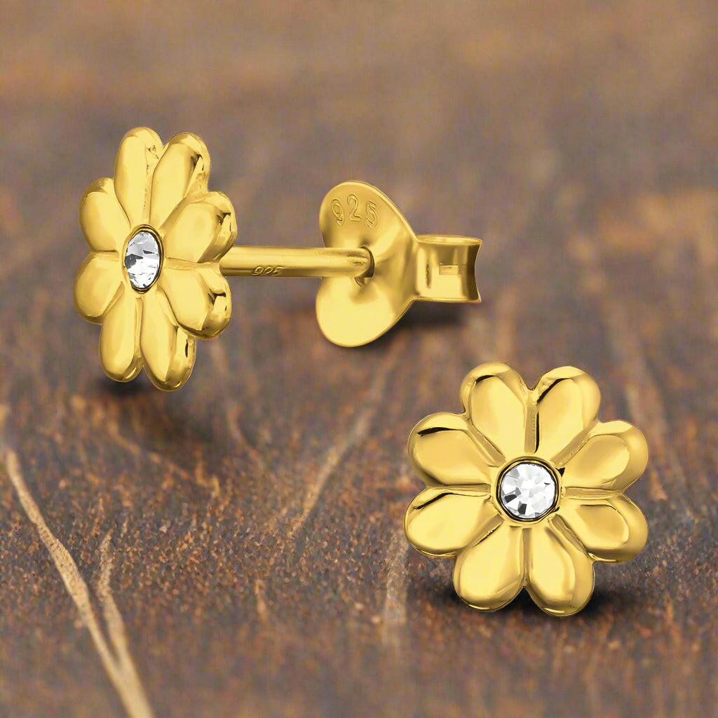 Gold Plated Earrings – 24K Gold Plating Sun Flower Studs With Cubic Zirconia Sparkle - Crumble and Core