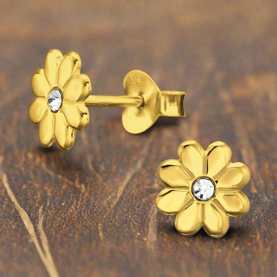 Gold Plated Earrings – 24K Gold Plating Sun Flower Studs With Cubic Zirconia Sparkle - Crumble and Core
