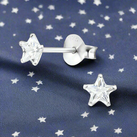 Silver Star Stud Earrings – Hypoallergenic Crystal Cubic Zirconia Jewelry - Crumble and Core